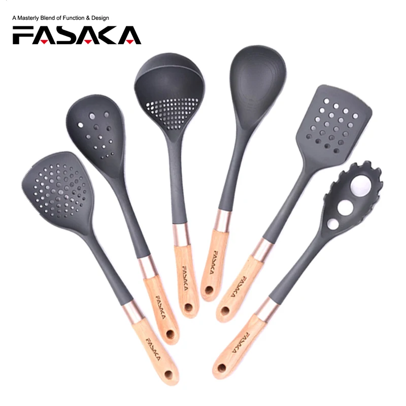 FASAKA Cooking Utensils Set Wood Handle 6pcs Nylon Kitchen Tools Non