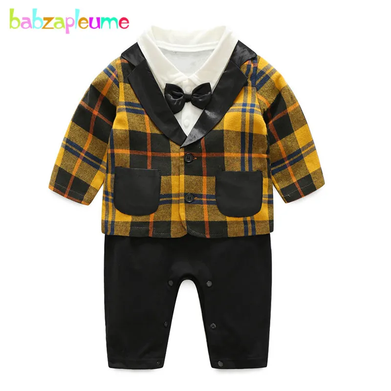 

babzapleume Spring Autumn Newborn Baby Clothes Plaid Jacket Coat+Romper Jumpsuit 1st Birthday Boys Clothing Set 2PCS Suit BC1405