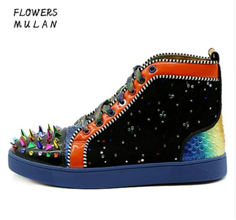 

Handmade Design Spikes Rivets High Top Mixed Colors Patchwork Fashion Men Casual Shoes Flats Lace Up Hommes Chaussures Sneakers