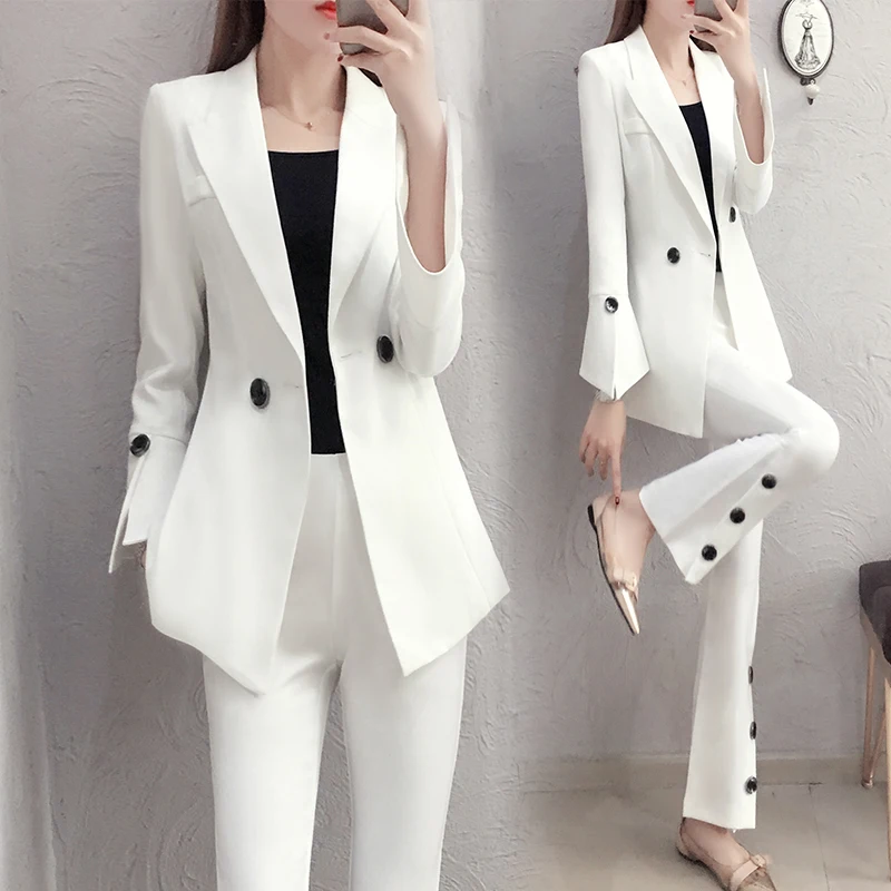 Новая Весенняя мода тонкий белый костюм женский темперамент дамы небольшой ветер Рог брюки два комплекта профессиональный костюм женский