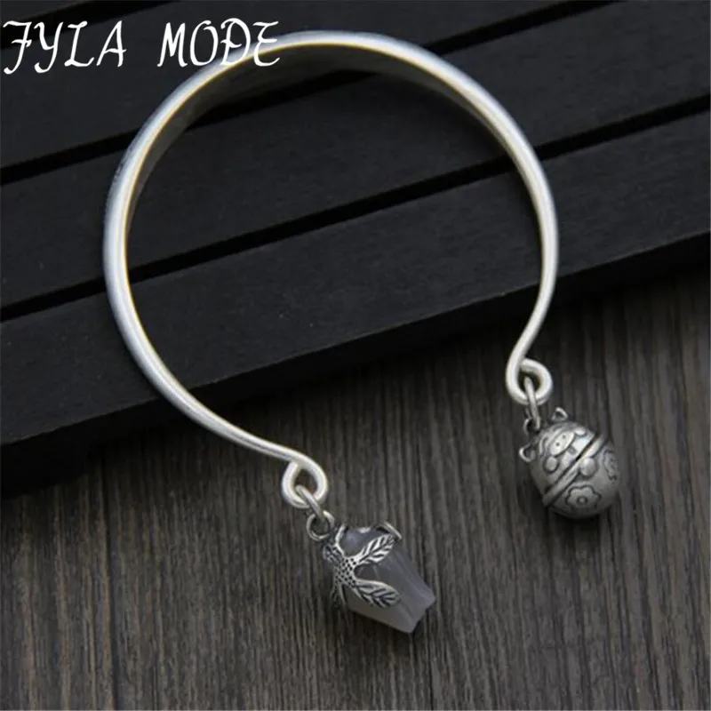 

New Sterling Silver Jewelry S999 Fine Silver Peony Bangles for Women Silver S999 Jewelry Bell Charms Bracelets & Bangles