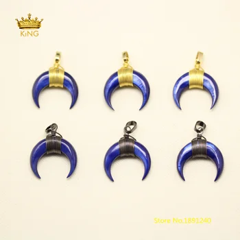 

10PCS 20x20mm Gun Black/Golden Plating Copper Wire Wrapped Lapis Blue Color Shell OX Horn Pendants Making Crescent Shell Charms