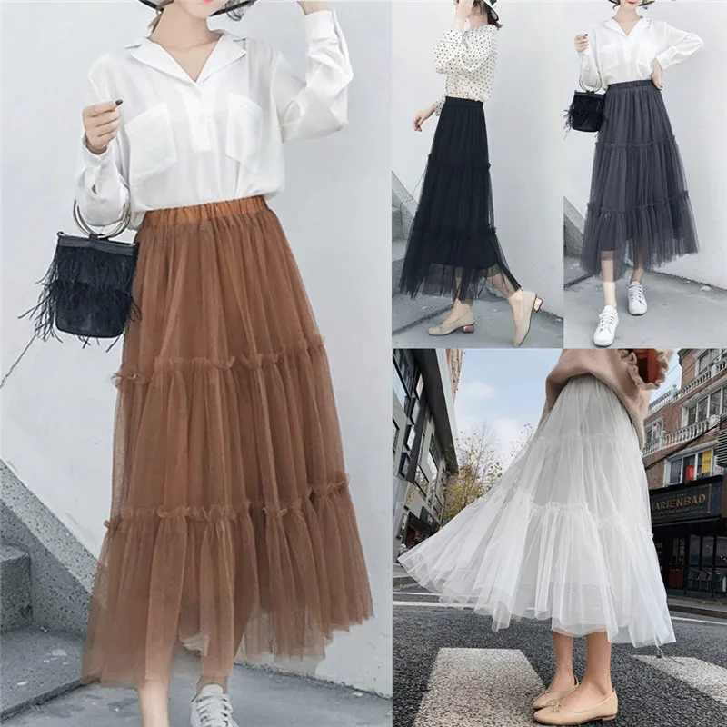 

Fashion Tulle Skirt Women 2019 Spring Summer A-Line Sweet Long Tutu Lace Mesh Skirt Lady Elegant Midi Skirt Patchwork Girl Skirt