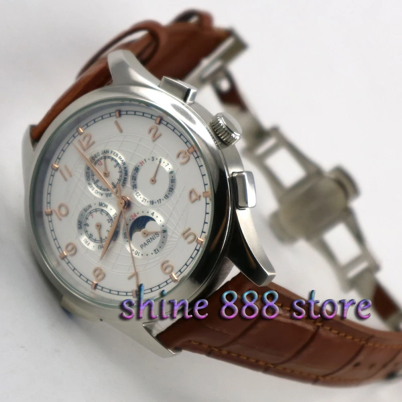 

Parnis 44mm White dial Moon Phase Multifunction deployment clasp Automatic movement men's watch