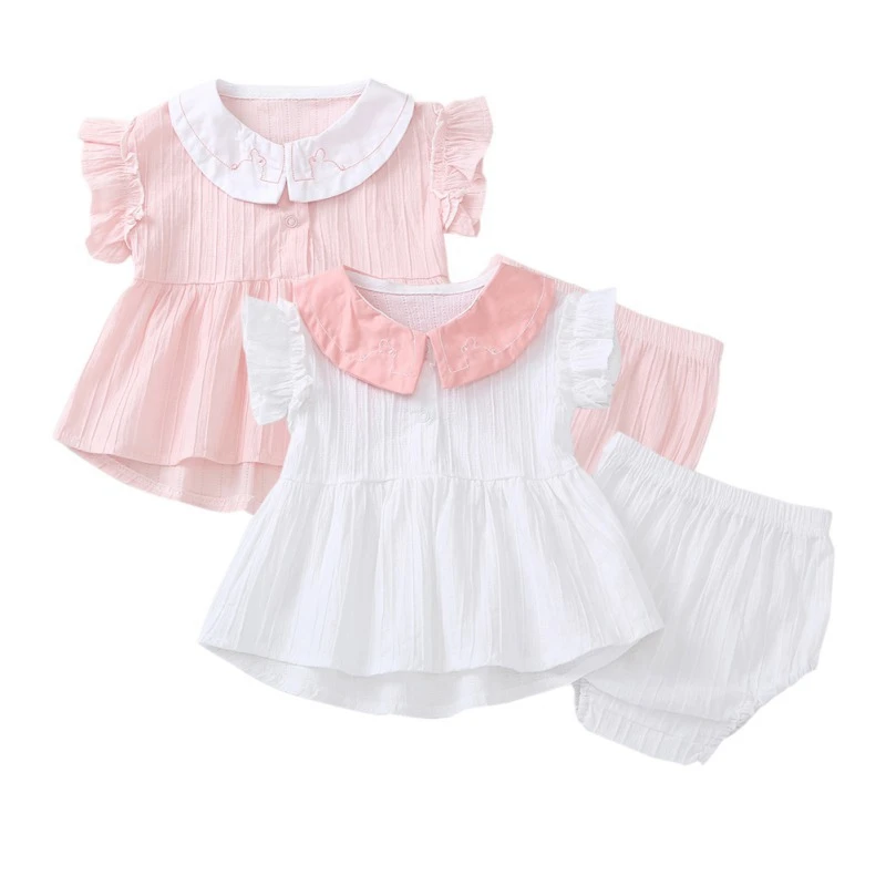 

European and American styleSummer Children Baby Girls Casual Flare Sleeve Tops Peter Pan Collar T-shirt+Shorts Suits Costume Set