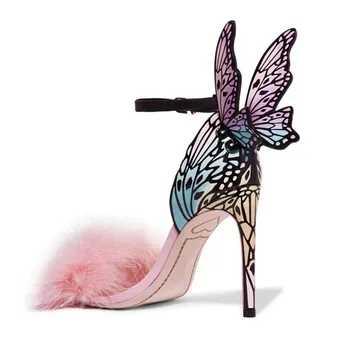 

Luxury Handmade Multi Embroidered Butterfly Sandals Angel Wings Pumps Party Wedding Ankle Wrap High Heels Pink Fur Women Shoes