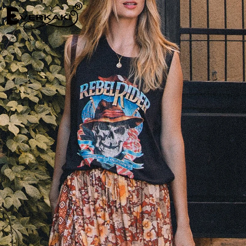 

Everkaki Rebel Rider Women Tank Tops Punk Rock Sleeveless Tops Fashion Vintage Bohemian Summer Tanks Tops For Women 2019