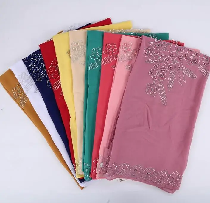 

beaded square scarf hijab shawl with stone and pearl scarf chiffon arab head scarf wrap shawl 100cm free ship 10 colors 20pc/lot