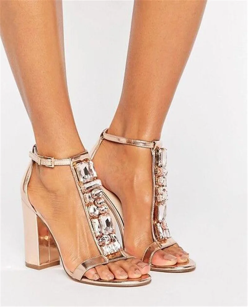 Women Luxury Gold T strap Rhinestone Chunk Heel Sandals Bling Bling ...