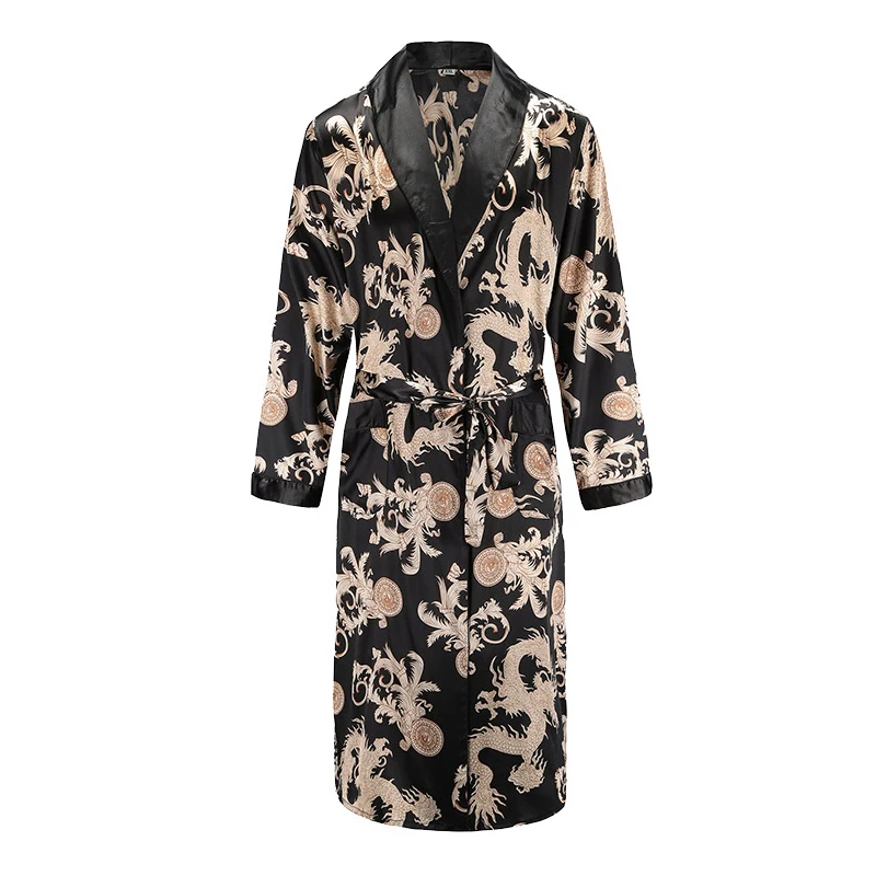 

High Quality Silk Nightgown Sleepwear Loose Large-Size Dragon Dress Silky Long Sleeve mid-length bathrobe Home Suit for Men