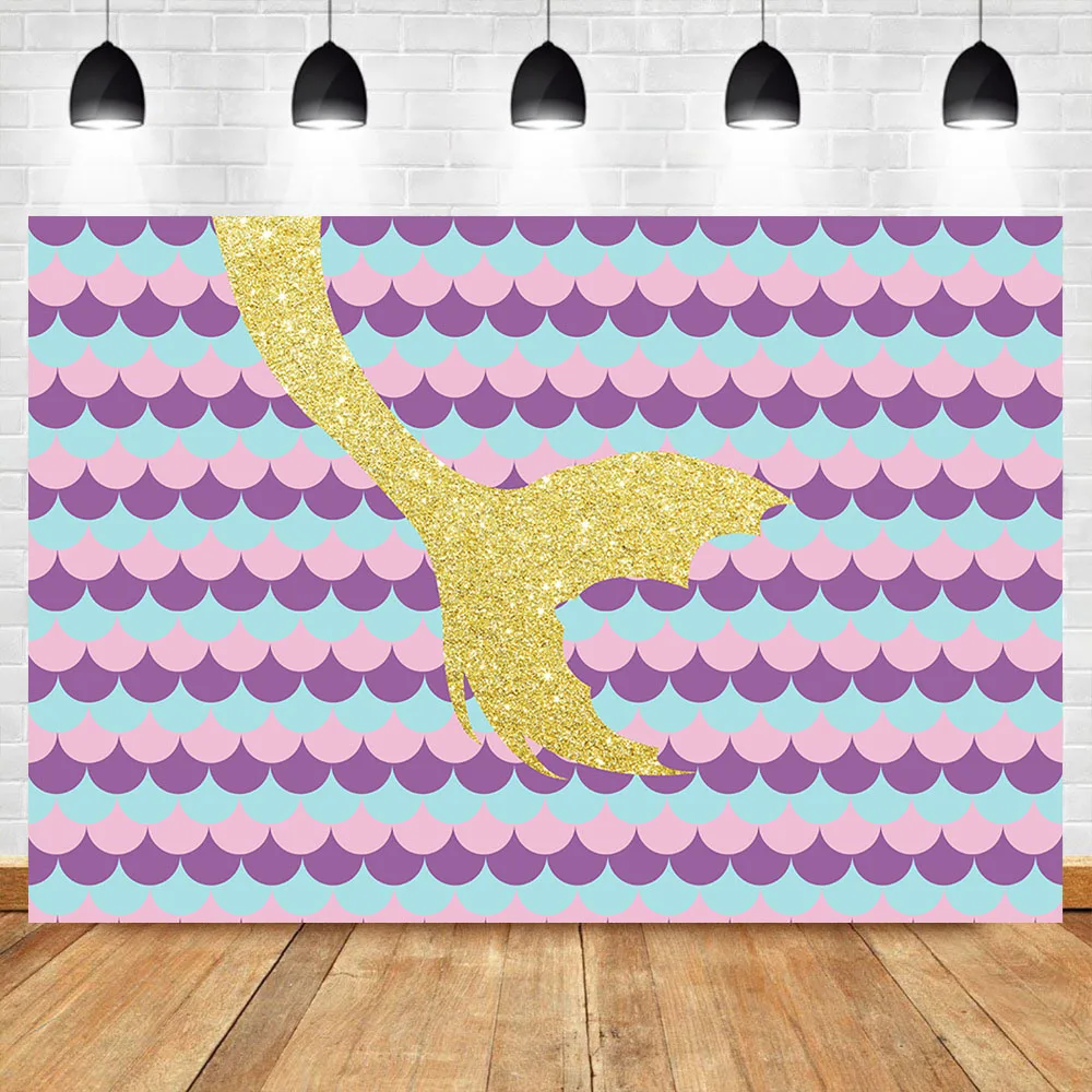 

NeoBack Gold Mermaid Backdrop Pink Blue Fish Scale Princess Birthday Banner Photo Background Dessert Table Decorations Props