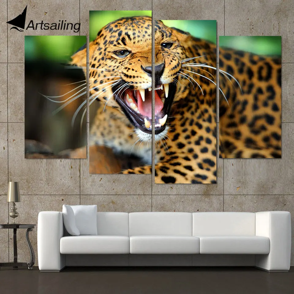 4 Panel Canvas Art Painting Leopard Growl Snarl Rage HD Printed Wall Poster Home Decor Picture for Living Room XA107C | Дом и сад