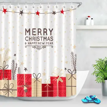 

72" Merry Christmas Present Bathroom Set Polyester Fabric Shower Curtain Hooks