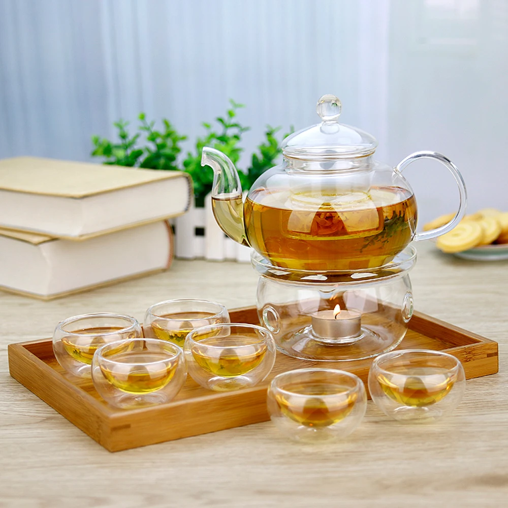 8in1 Gift Teaset Heat resistant Glass Teapot and 6 double wall cups and