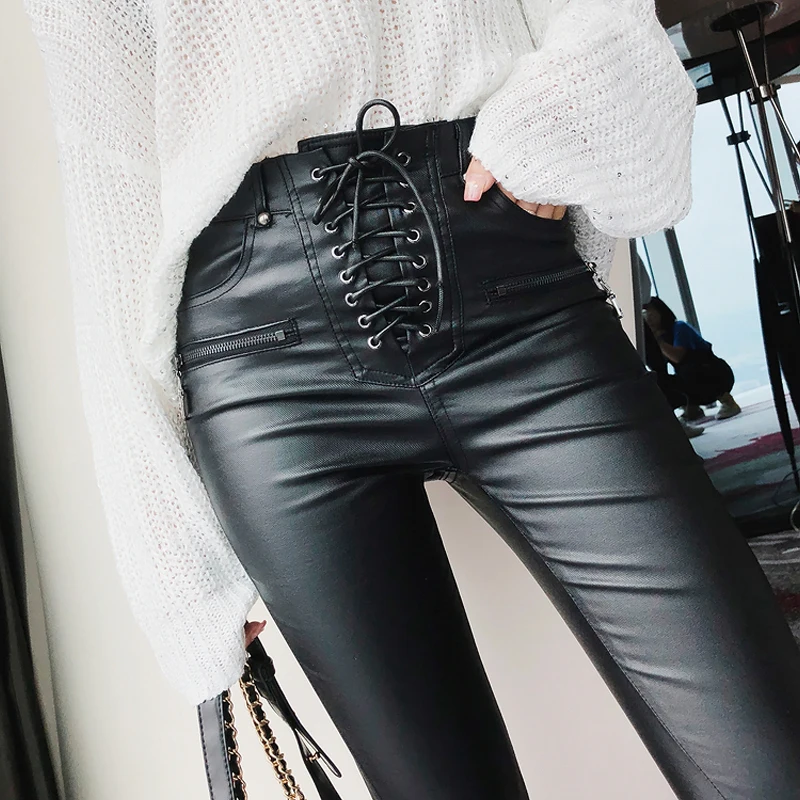 QoerliN Drawstring Black PU Leather Pant Women Skinny Slim Trouser