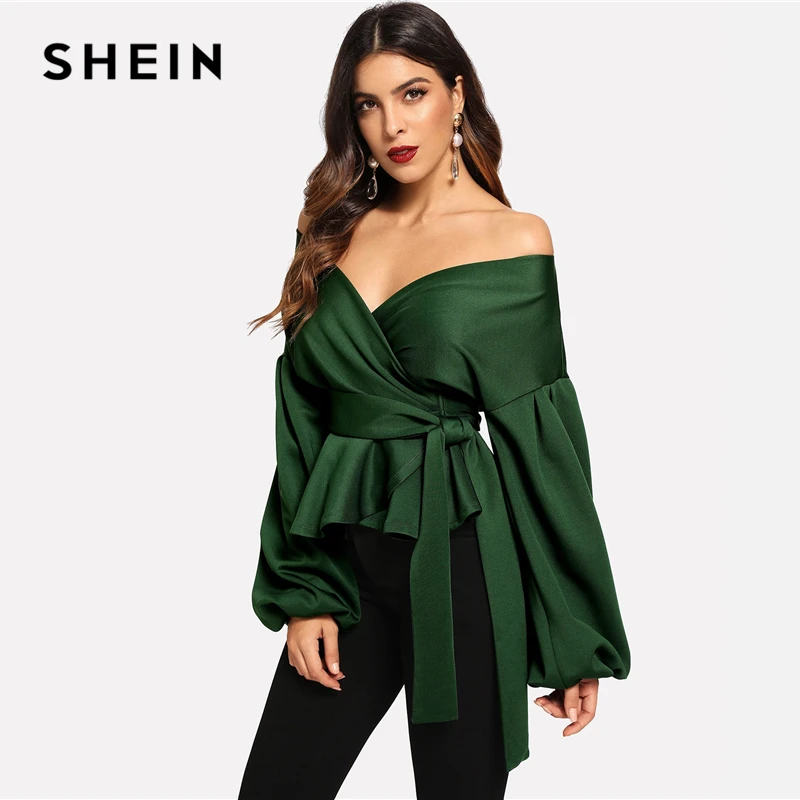 Женская офисная блузка SHEIN элегантная однотонная зеленого цвета с открытыми