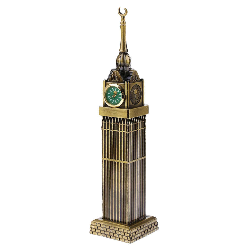 Retro Metal Mecca Tower Statue w/ Clock Building Figurine Model for Home Decor Bars Cafes Restaurants Wedding Party Ornament