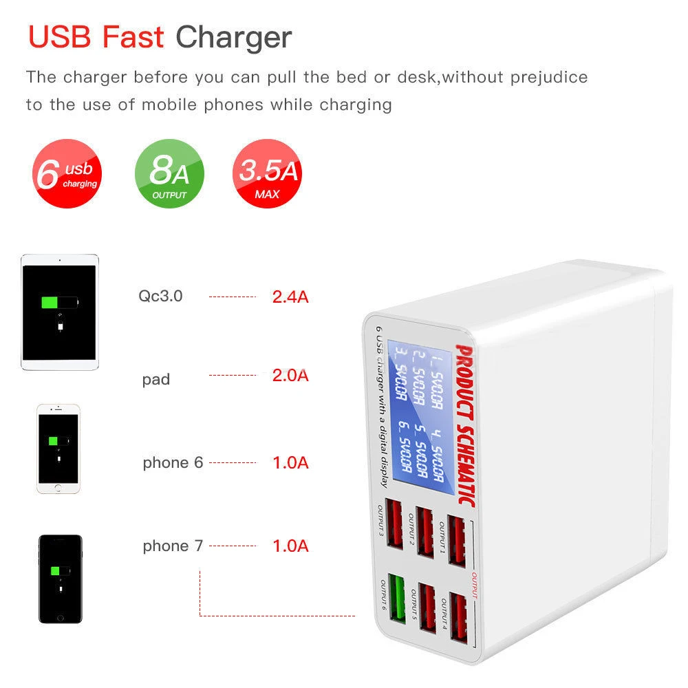 QC 3.0 USB Charger Multi USB Port Rapid Charger 6 Port USB Socket Fast Charger with LCD Display For iPhone iPad SAMSUNG Xiaomi (2)
