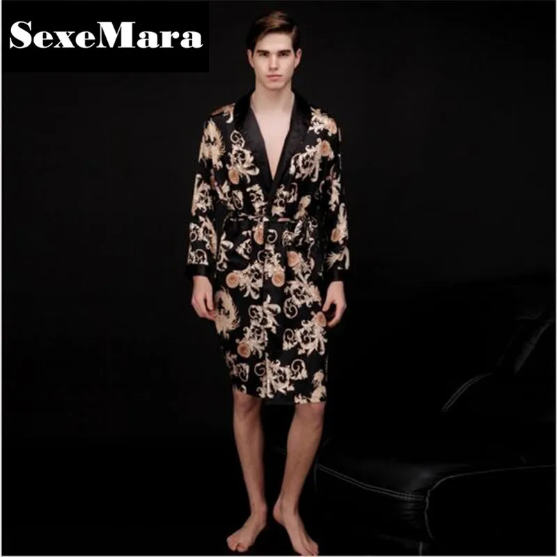 

Luxurious Sexy Male Kimono Mens Silk Satin Pajamas for Men Bathrobe Gold Dragon Sleepwear Dressing Gowns Pijama Hombre D7-AE-63