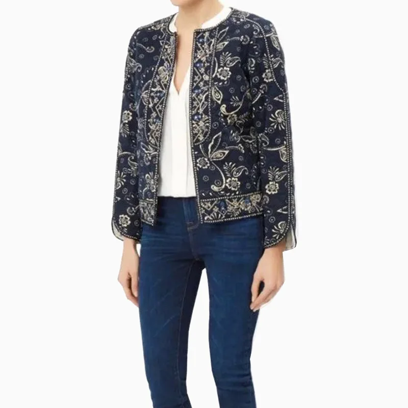 Buy Ethnic Women Floral Embroidery Quilted Jacket Vintage Long Sleeve Open