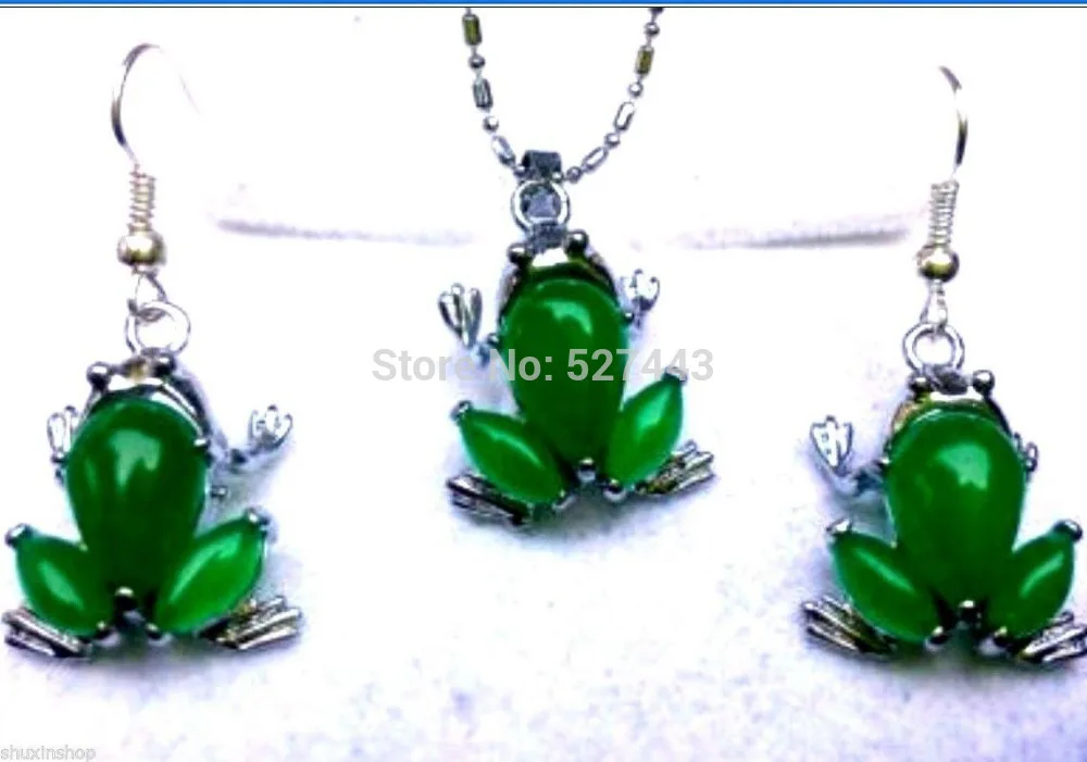 

FREE SHIPPING>>@> Wholesale JWEW6529 Beautiful green jade pendant necklace earrings frog Wholesale Natural jewelry