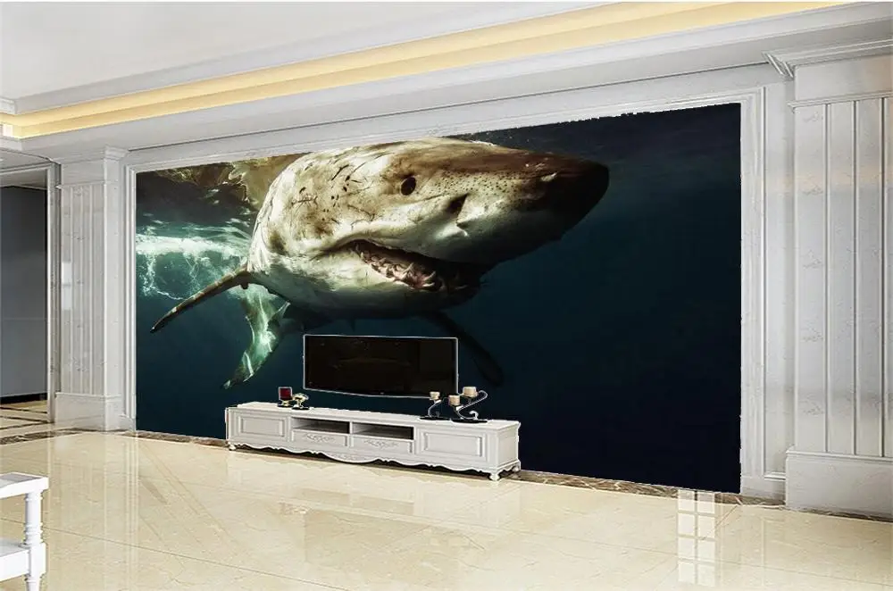 3D Wall Paper Home Decor Custom Ferocious sea shark 3d animal wallpaper HD digital print wallpaper