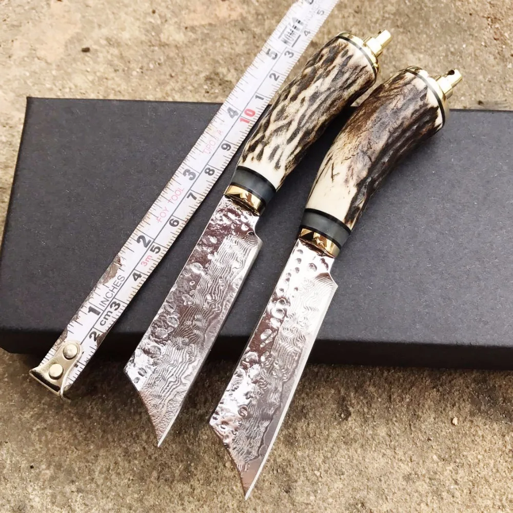 Купить Psrk Sharp Исправлена мини Охотничьи Ножи ручной кованые Дамаск Сталь Кемпинг Ножи рога кожаные ручки выживания тактический инструмент