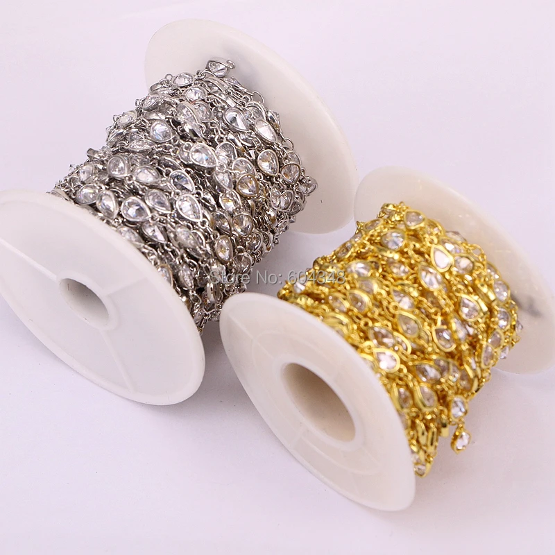 

1 Meter ZYZ177-8909 Fashion Cubic Zircon Faceted Drop Beads Rosary Chain Metal Wire Wrapped Links CZ Chains For Making Jewelry