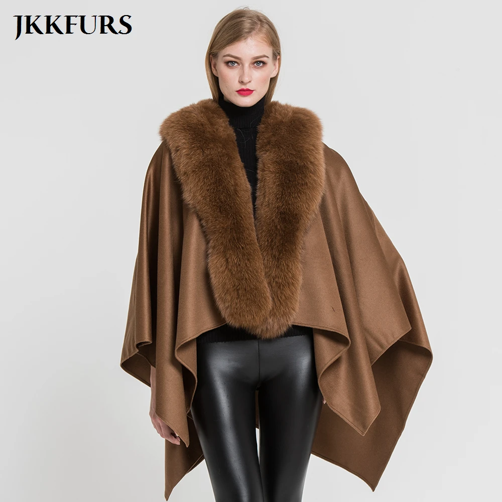 

JKKFURS 2019 New Women's Poncho Genuine Fox Fur Collar Trim & Wool Cape Fashion Style Top Quality Winter Warm Coat S7357