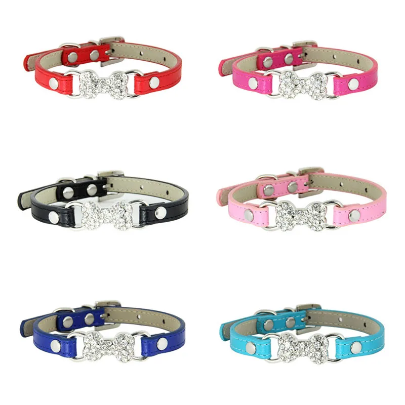 

15 Colors Cute Rhinestone Bone Cat Collar Adjustable PU Leather Pet Cat Kitten Collars for Small Animal Puppy Dog Accessories