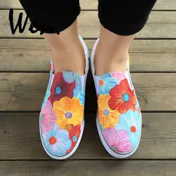 Вэнь оригинальный дизайн на заказ цветочный Красочные цветы ручная роспись обувь слипоны Холст Спортивная для женщин обувь девоче