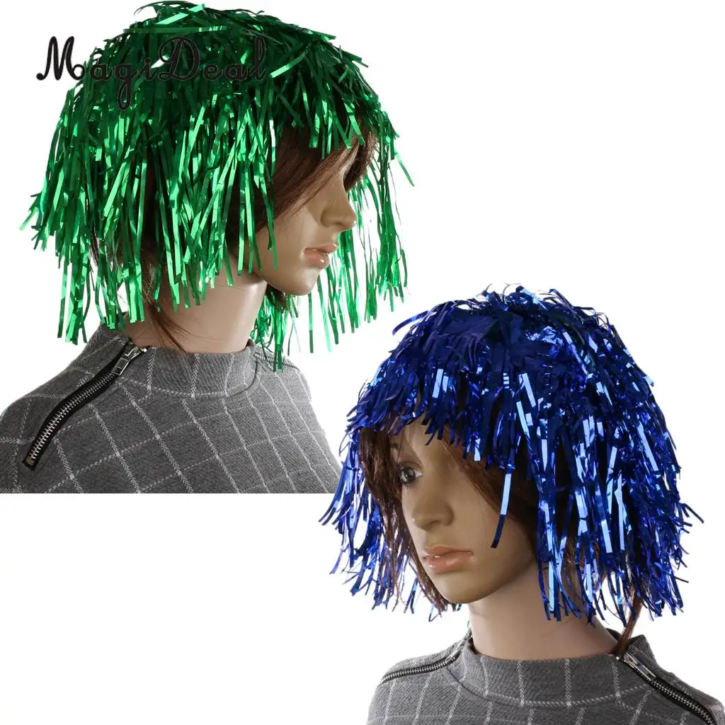 2 Pieces Unisex Glitter Metallic Foil Tinsel Wigs Fancy Dress Costume