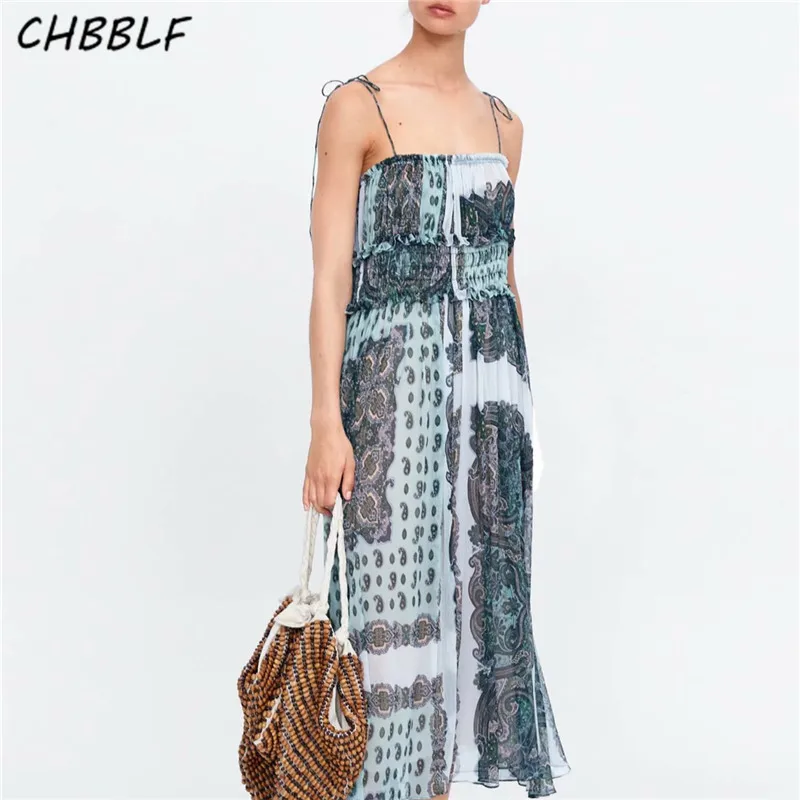 

CHBBLF women sexy print midi dress elastic waist adjustable strap chic female dresses stylish vintage vestidos BGB9307