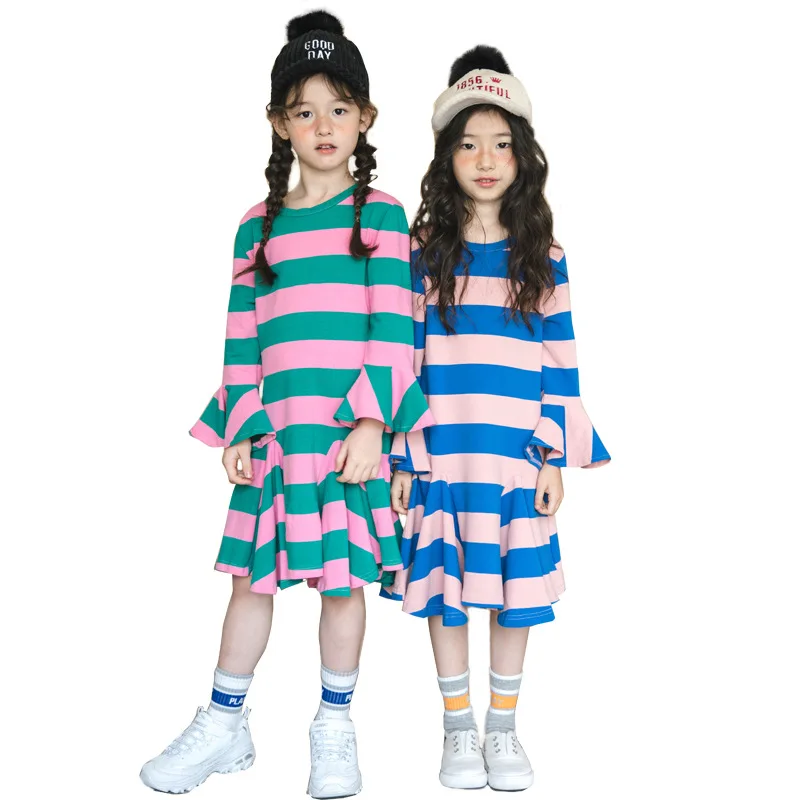 

2019 Autumn Girls Dress Long Sleeve Clothes Loose Striped Causal Dresses for Girls Big Kids Cotton Robe Fille Children Clothing