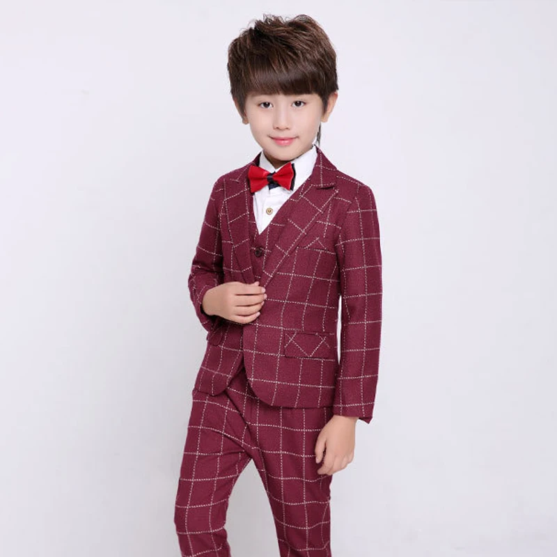Boys Suit Burgundy Wedding Tuxedo for Kids Plaid Blazer suit Boys 3