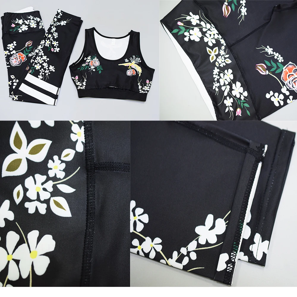Sexy Women Yoga Set Retro Floral Printed Sports Suits Gym Fitness Clothing Tracksuit Female Running Sports Dance Tops + Leggings