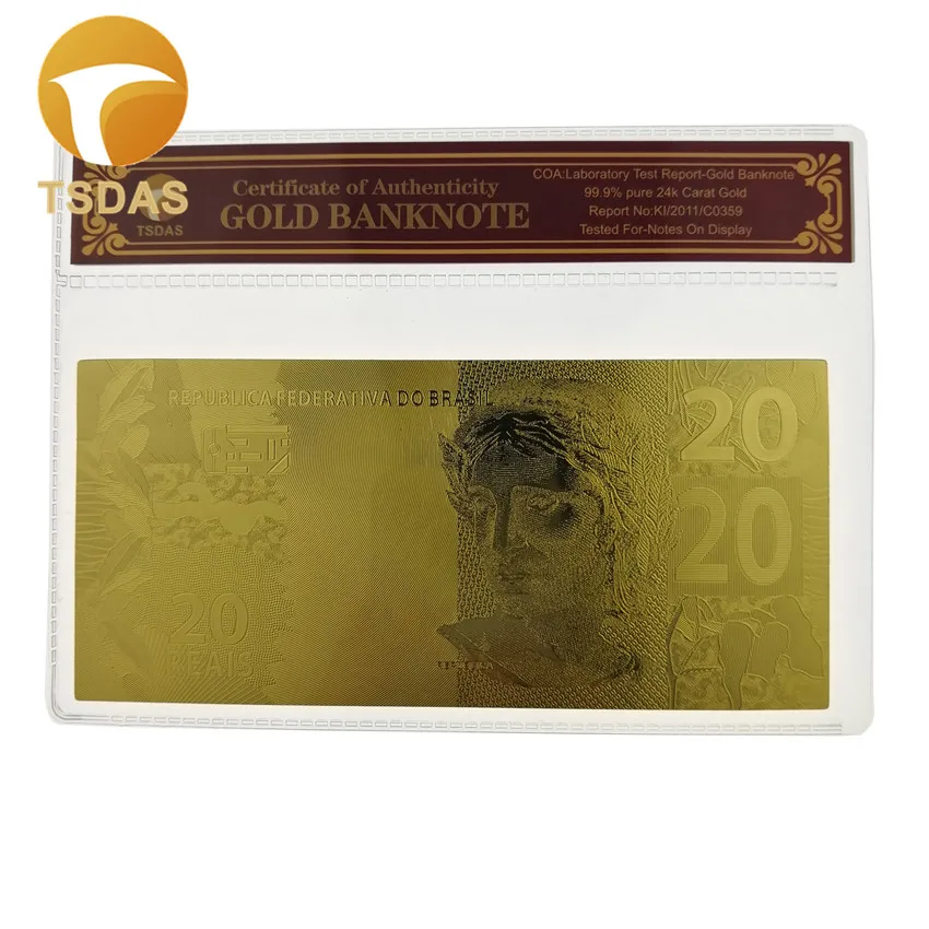 24k золото Golden Золотой Бразилия 5-50 Reals банкноты в 24k позолоченные с COA рамкой для подарка - Цвет: 20