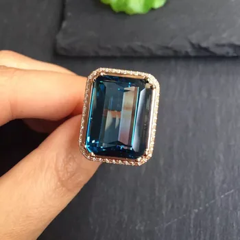 

Fine Jewelry Trendy Real 18K Rose Gold AU750 100% Natural Blue Topaz Gemstones Female Rings for Women Fine Ring