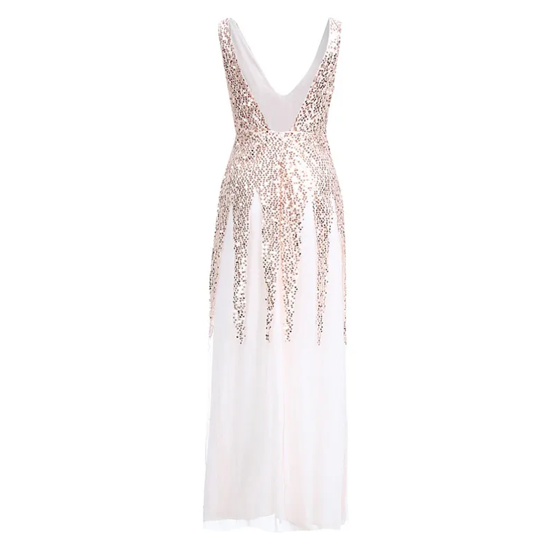 Deep V Neck Long Dress Women Sleeveless Party Dress Sequin Sexy Dress A Line Lace Dress Hollow Out Vestido De Festa Longo 40DC144