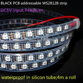 

4m DC5V addressable WS2812B led pixel srip,waterproof in silicon tube,74pcs WS2812B/M with 74pixels;BLACK PCB