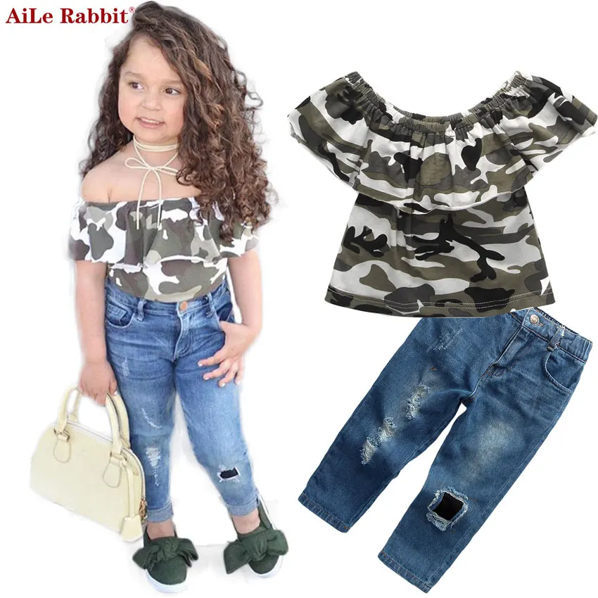 Комплект из футболки и джинсов для девочек с дырками|fashion kids|kids fashionsuit children |