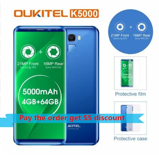 Oukitel K5000 5000 мАч смартфон 4 Гб 64 Гб MTK6750 Восьмиядерный 21MP+ 16MP 5," HD 18:9 4G-LTE отпечаток пальца мобильный телефон