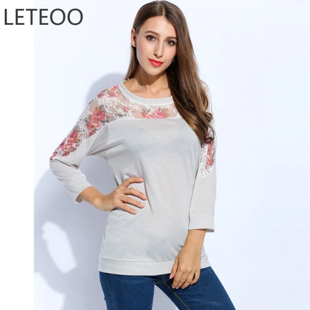 LETEOO Woman Long Sleeve T Shirt Autumn Korean Style Floral Lace