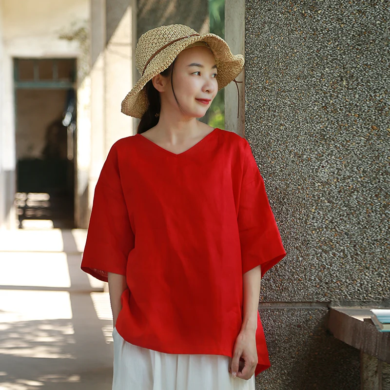 LZJN Women Tops and Blouses 2019 Summer V Neck Short Sleeve Linen Shirt Casual Loose Work Blouse RetroTop Plus Size Blusas (37)