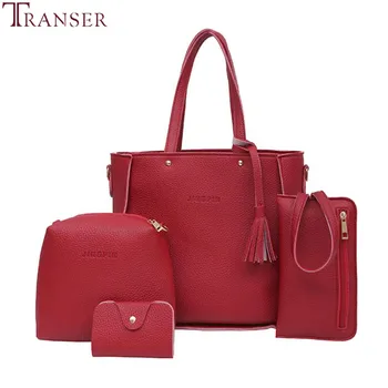 

Transer New Tassel Women Luxury leather Bag Women Four Set Handbag Shoulder Bag Four Pieces Tote Bag Crossbody Wallet A12 20