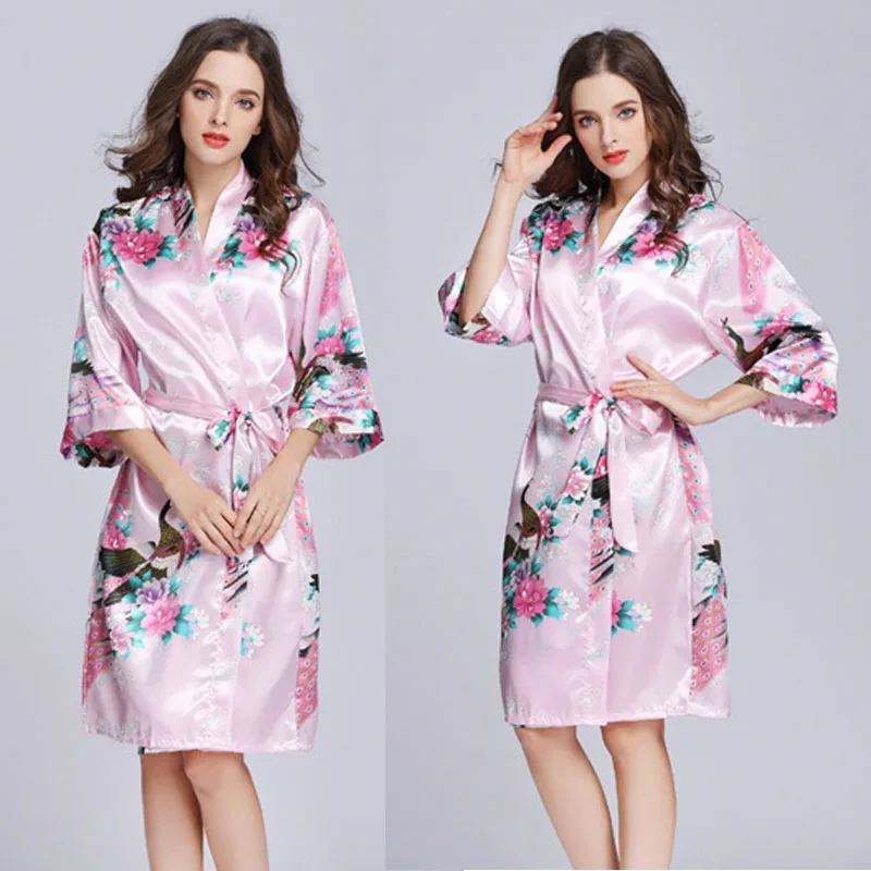 Шелковый Атласный Свадебный халат невесты цветочный Халат короткий кимоно халат ночной халат банный халат модный халат для женщин