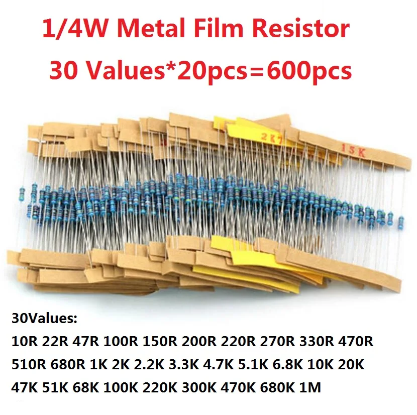 1/4W Metal Film Resistor kit set 30 Values resistors pack , 10 ohm ~1M  Resistance 1% Set of resistors diy electronic components - AliExpress