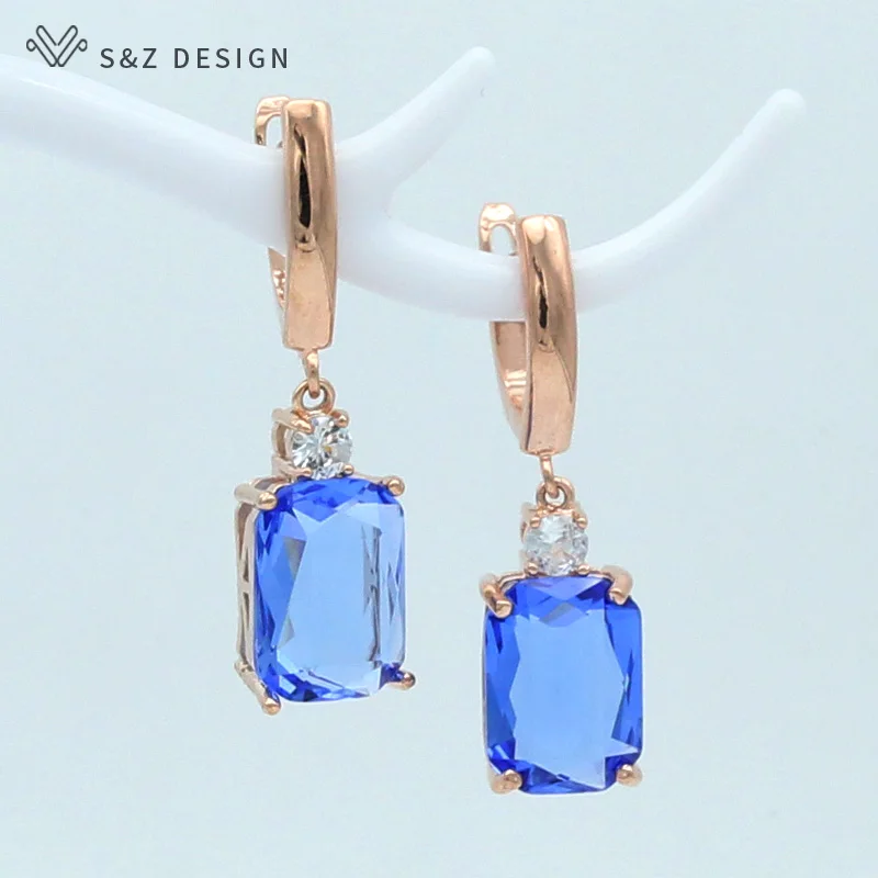 

S&Z New Fashion Square Zircon 585 Rose Gold Dangle Earrings Temperament Personality Simple Geometric Pendant Eardrop