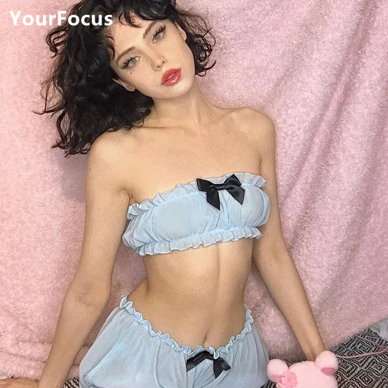 

Lolita sweet cute baby blue lace bow mesh perspective set cropped tube top+bottom set