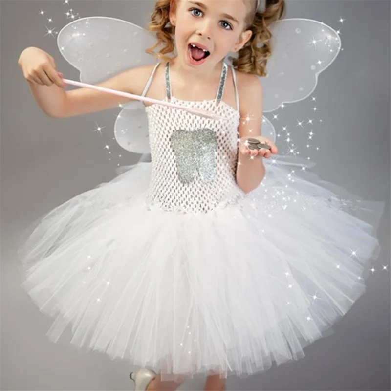 Новая сказочная балетная пачка для маленьких девочек с крыльями, Белое Бальное Платье, детское праздничное платье на день рождения, летний костюм для косплея, платья PQ201 - Цвет: 1 dress 1 wing